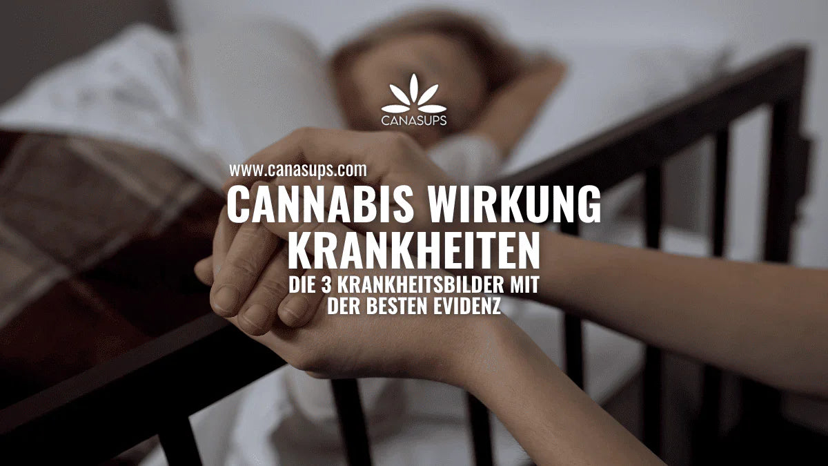 Titelbild zum Blogartikel „Cannabis Wirkung Krankheiten“ mit medizinischer Szene und Text: Die 3 Krankheitsbilder mit der besten Evidenz.