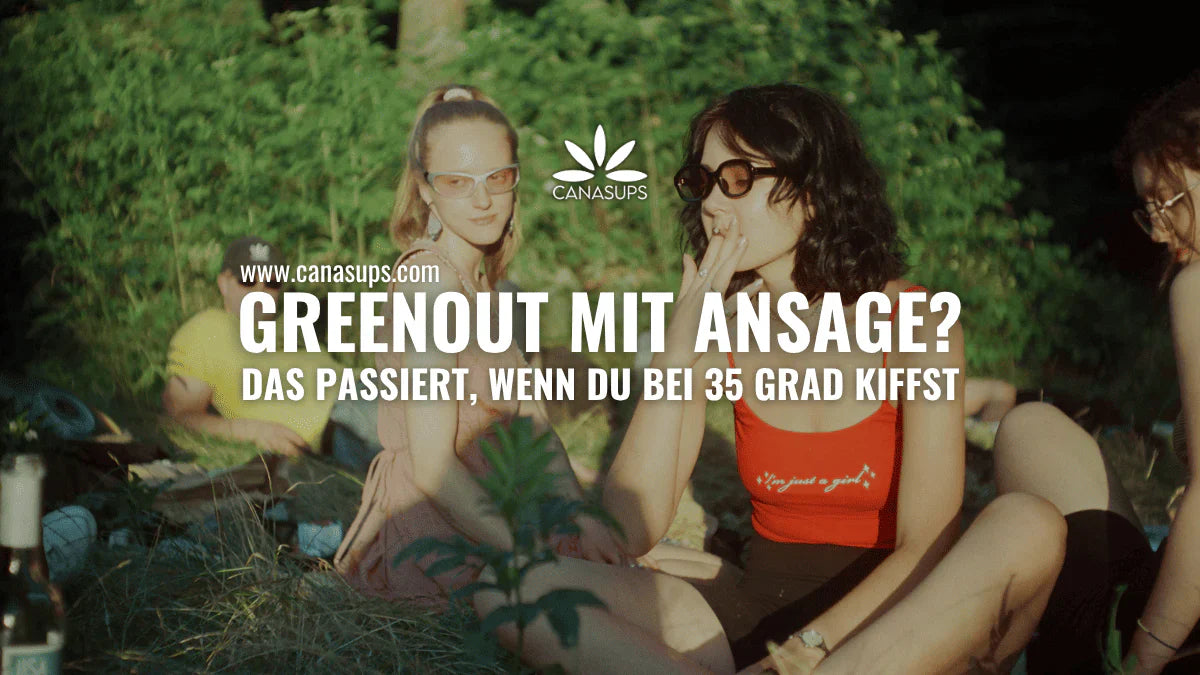 Drei Frauen sitzen an einem heißen Sommertag im Freien; darüber steht „Greenout mit Ansage? Das passiert, wenn du bei 35 Grad kiffst“.